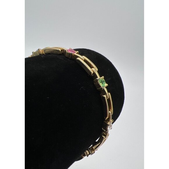 Gold-Tone Link Bracelet With Multicolor Gemstones & Fold-Over Clasp 7 Inches - Picture 2 of 6
